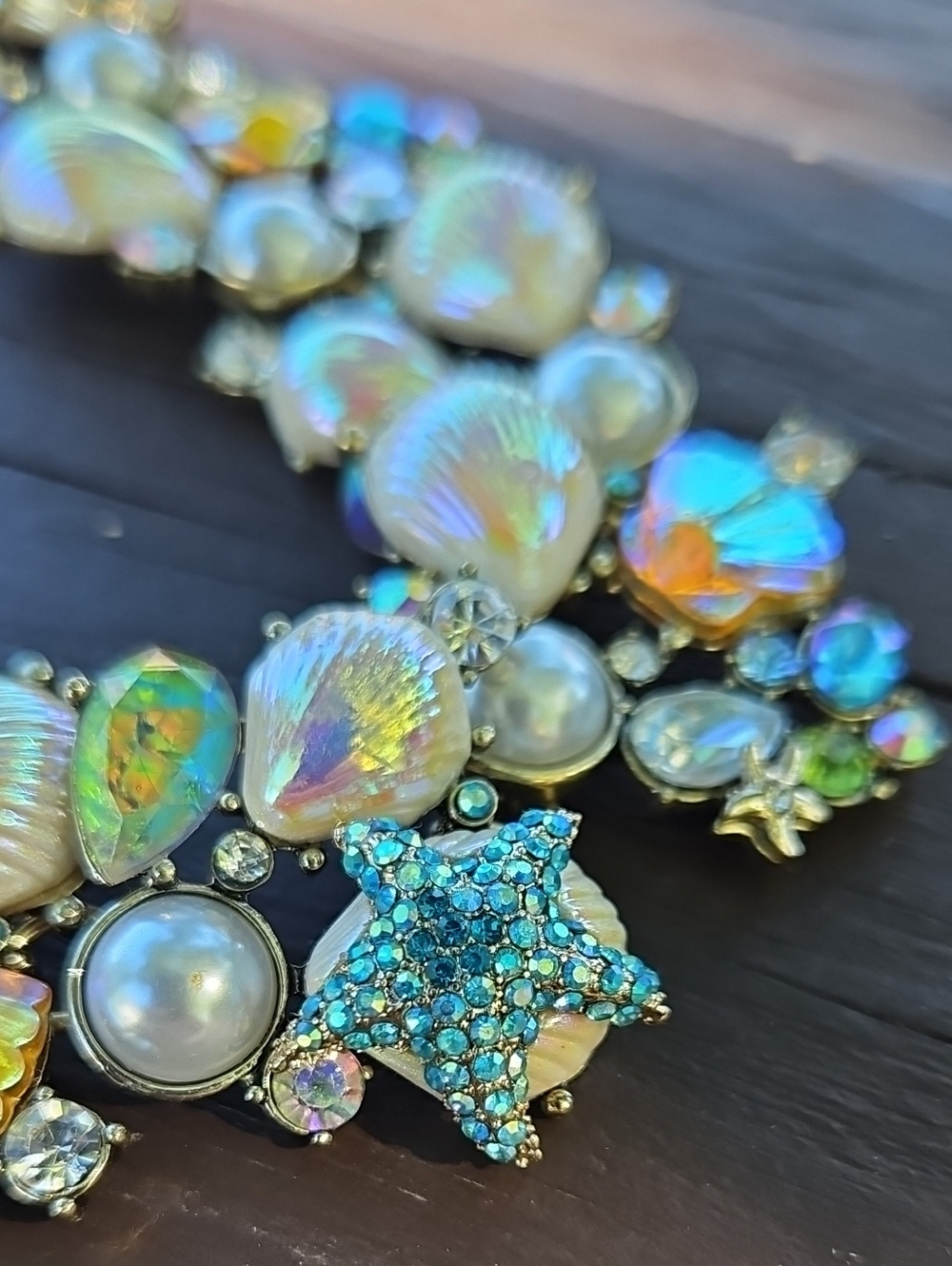 Betsey Johnson Iridescent Pearl Shell Necklace with Blue Star Accents - Picture 4 of 8